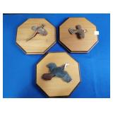 (3) HAND CARVED/MADE BIRDS ON WOODEN PLAQUES