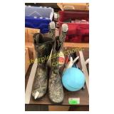 Boots size 10 and 11, balls, housewares