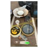 Clock, bowls, Hawkeye tin