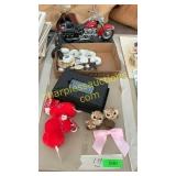 Motorcycle shelf display, Samsung phone, tea set