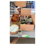 Assorted kitchenware, clock, woven basket