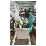 Net, disposable baking pans, tripod