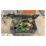 Tool chest, hedge trimmer, tripod, sprinkler