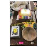 Art supplies, picture frame, wood bowl