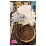 Log slab, whisk, curtains