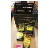 Metal bin, home decor, crayons