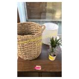 Wicker basket,  fake plants, lamp shade