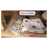 Curtains, decor sign, bibs, bath toys