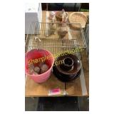 Glass insulators, wire crates, fountain