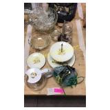 Glass dishes, coffee pot, glass candle holder,