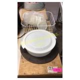 Dish rack, Tupperware, pizza pan, misc