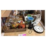 Jars, baskets, clock, misc