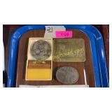 John Deere tractor medallion, belt buckles, sign