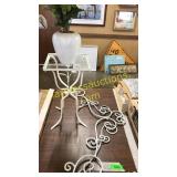 Plant stand, faux flowers, metal decor