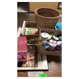 Wicker basket, box of ribbons, misc