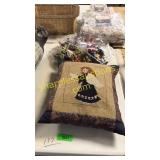 Throw pillow, bag of toys