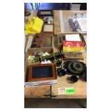 Display box, John deer plaque, vintage books, misc