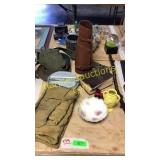 Wooden cane, canteen,misc vintage items