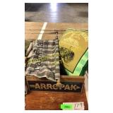 Wood crate, John Deere pillow, wall hanging