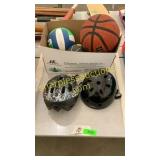Box of assorted balls, bike helmets size s/m