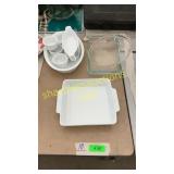Pyrex baking dishes, white glassware