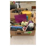 Box of umbrellas, light bulbs, books, misc