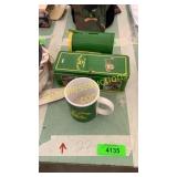 John Deere mug, piggy bank, tin