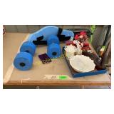 Milk glass bowl, water weights, life jacket