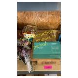 Cabinet, faux flowers, misc