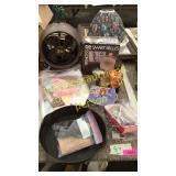 Cast iron skillet, vintage fan, misc