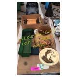 Vintage lampshade, green glass coasters, misc