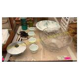 Punch/fruit bowls, cup set, misc