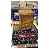 Wicker hamper, welcome mat, misc