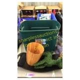 Tote of tools, wood trash bin, misc