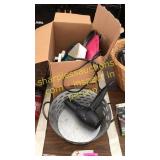 Metal bucket, hair dryer, misc