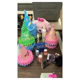 Party hats, stuffed animal, misc