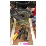 Metal pitcher, gardening tools, misc