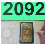 One tenth gram .999 gold bar & certificate