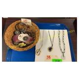 3 necklaces, basket of assorted jewelry items
