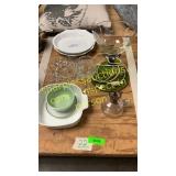 Corningware pie & baking dishes, lamp, misc