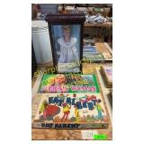 Porcelain doll, vintage board games