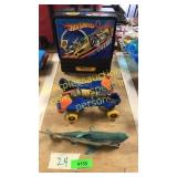 Vintage rollerskates, hot wheels storage, misc