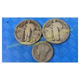 2 standing Liberty quarters, 1917 dime