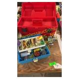 Plastic tool box, tackle box w/ tackle, reel