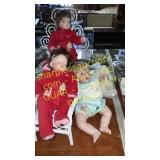 3~ porcelain Dolls, bunny and chairs