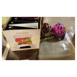 Bike helmets, car mats and box of binders