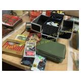 Bible, dictionary, VHS tapes, jewelry box, misc