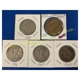 1929, 1931,1936,1947,1963 silver half dollars