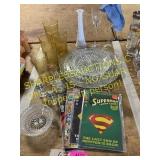 Comic books and assorted glass dishes
