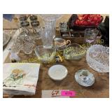 Assorted glassware, purse and pillow cases